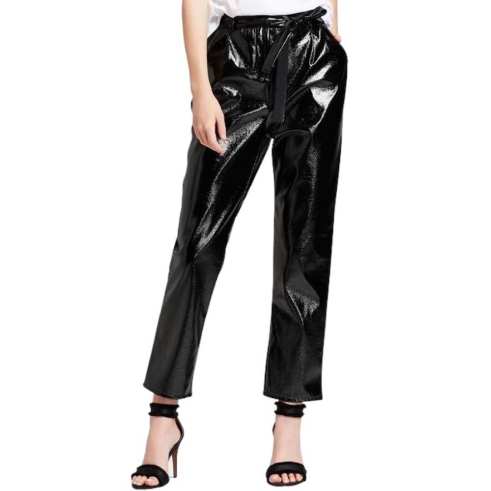 Who What Wear Faux Patent Leather Paperbag Tapered Leg Trousers Black Size 4